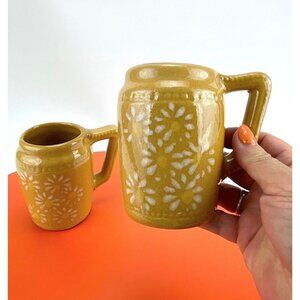 Vintage 70s coffee mugs, St Josaphat Pottery, yellow white daisies, oversized